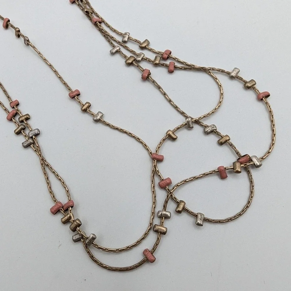 Triple Strand Layered‎ Necklace Gold Silver Coral Pink Bar Bead Long Chain